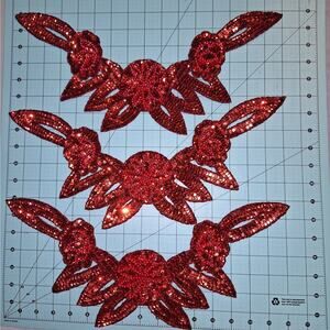 Red sequin and bead flower neckline applique set of 3
